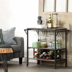 Meubles South Shore Bar Cart With Bottle Storage - South Shore WEATHERED OAK AND MATTE BLACK New