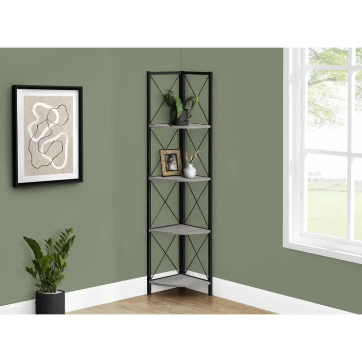 Monarch Bookcase - 4 tier corner etagere - metal frame x-design - 60"h - wood-lo - Grey Online