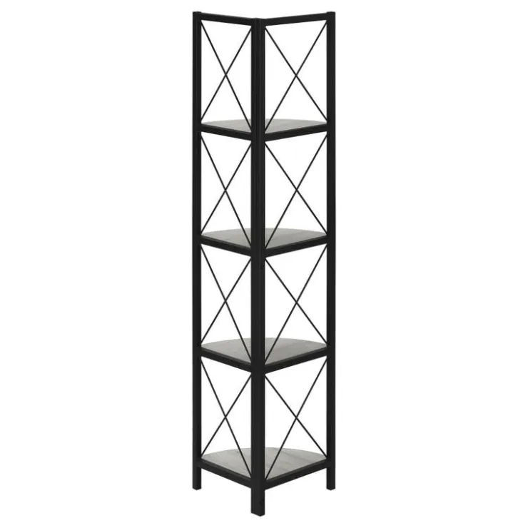 Monarch Bookcase - 4 tier corner etagere - metal frame x-design - 60"h - wood-lo - Grey Online