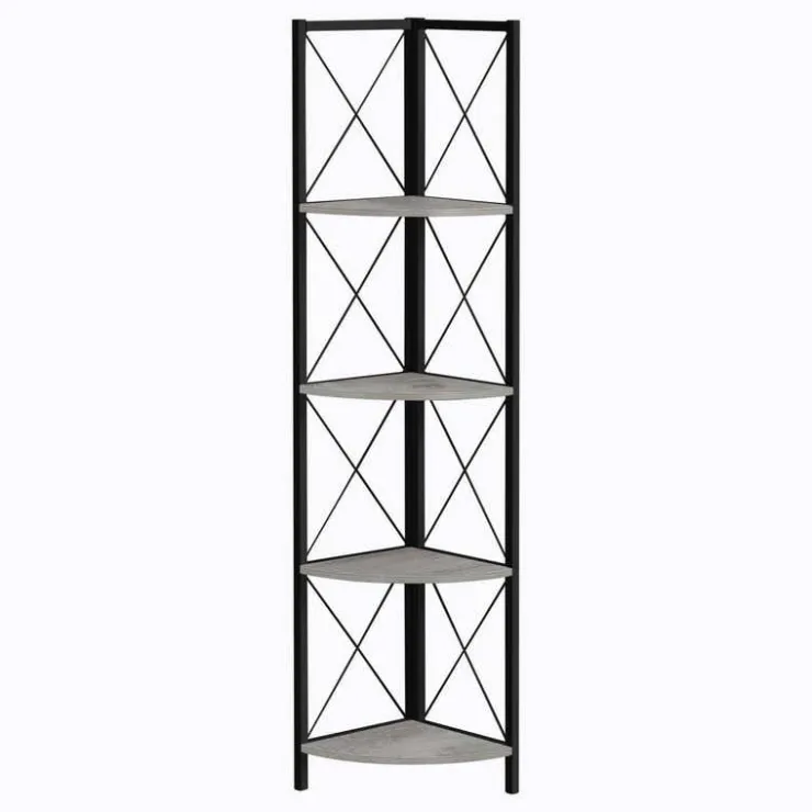 Monarch Bookcase - 4 tier corner etagere - metal frame x-design - 60"h - wood-lo - Grey Online