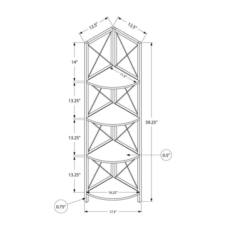 Monarch Bookcase - 4 tier corner etagere - metal frame x-design - 60"h - wood-lo - Grey Online