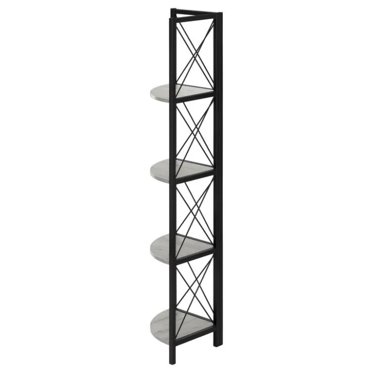 Monarch Bookcase - 4 tier corner etagere - metal frame x-design - 60"h - wood-lo - Grey Online