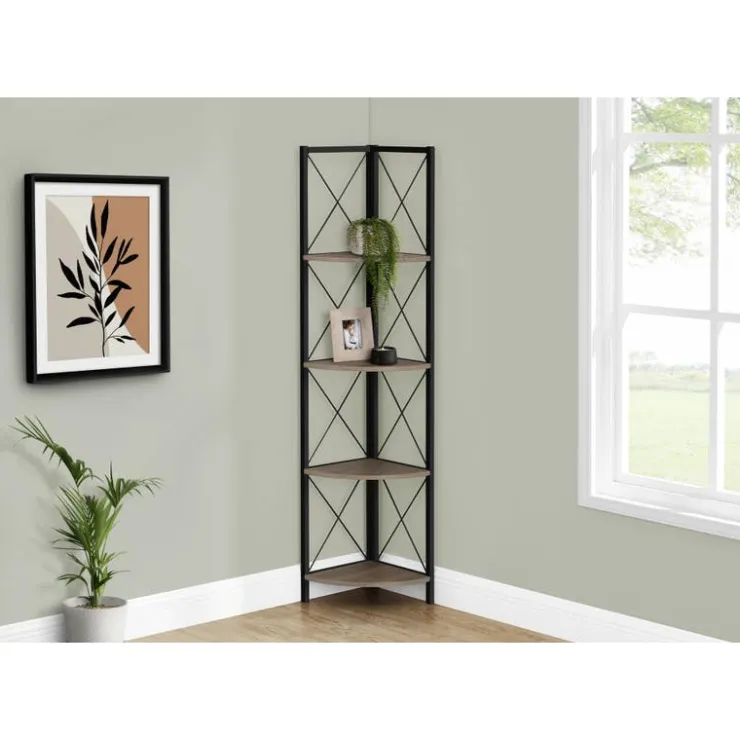 Monarch Bookcase - 4 tier corner etagere - metal frame x-design - 60"h - w - Dark Taupe Clearance