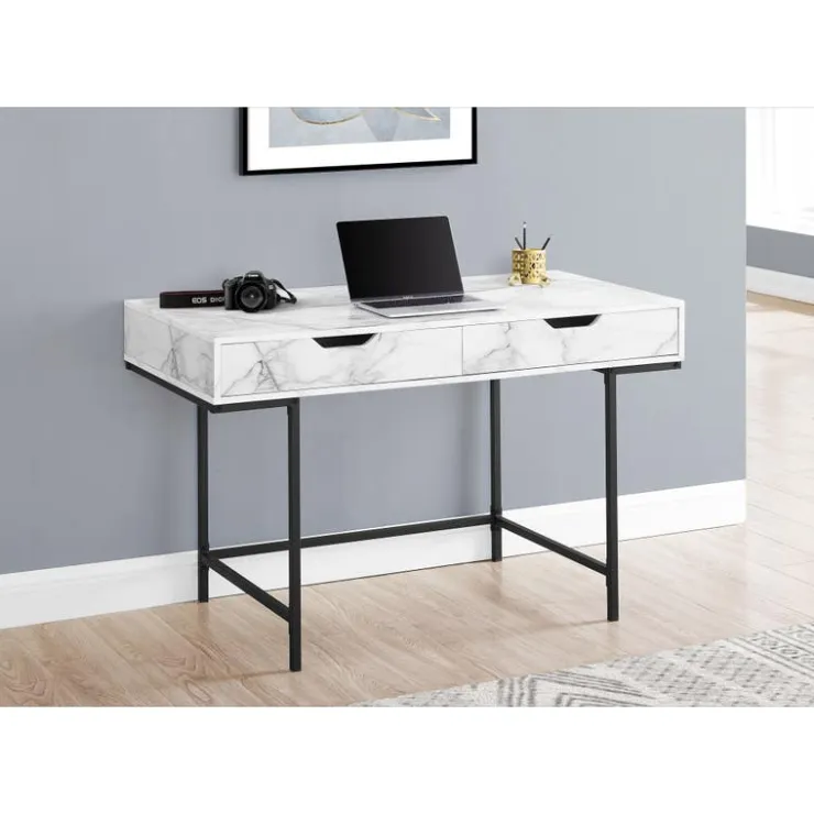 Monarch Computer desk - 2 storage drawers / recessed metal legs - 48"l - marble - White Online