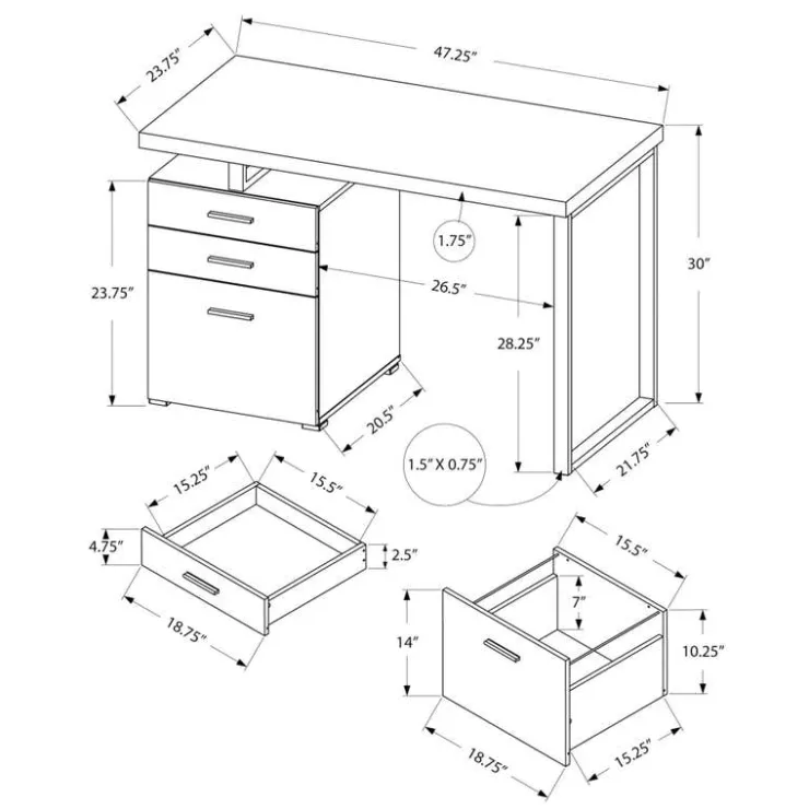 Monarch Computer desk - 3 storage drawers / left or right setup / floating desktop - - White