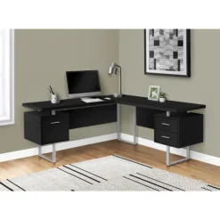 Monarch Computer desk - l-shaped / corner / 3 drawers / metal legs / reversible - 71" - Black Sale