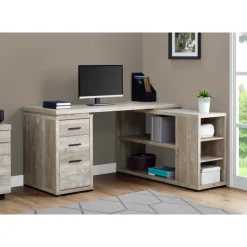 Monarch Computer desk - l-shaped / corner / 3 drawers / 2 open shelves / 3 cubbies - - Taupe New