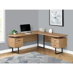 Monarch Computer desk - l-shaped / corner / 3 drawers / metal legs / reversible - 71" - Brown Clearance