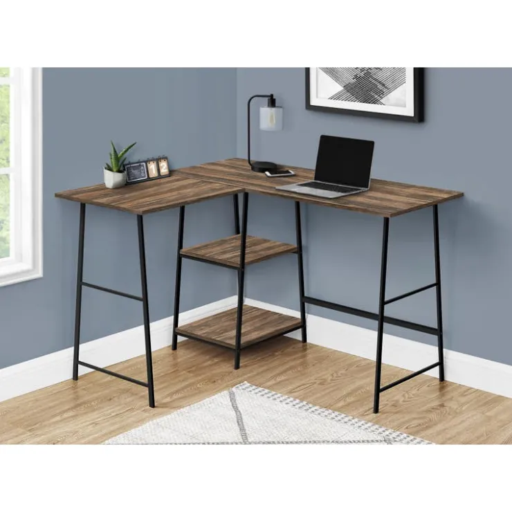 Monarch Computer desk - l-shaped / corner / 2 open shelves / sawhorse style - 47l x 4 - Brown Sale
