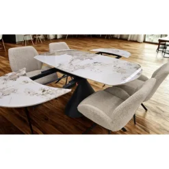 Convertible & Extendable Oval Dining Table with Pedestal & 4 Bouclé Fabric Chairs - 63" Black Matte Metal Outlet