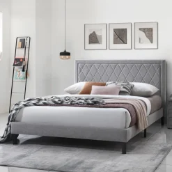 Full Linen Bed with Headboard (54") Greyish/Beige Hot