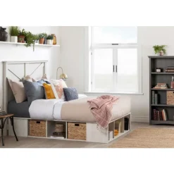 Meubles South Shore Full Storage Bed and Baskets (54") - South Shore WINTER OAK AND RATTAN Clearance