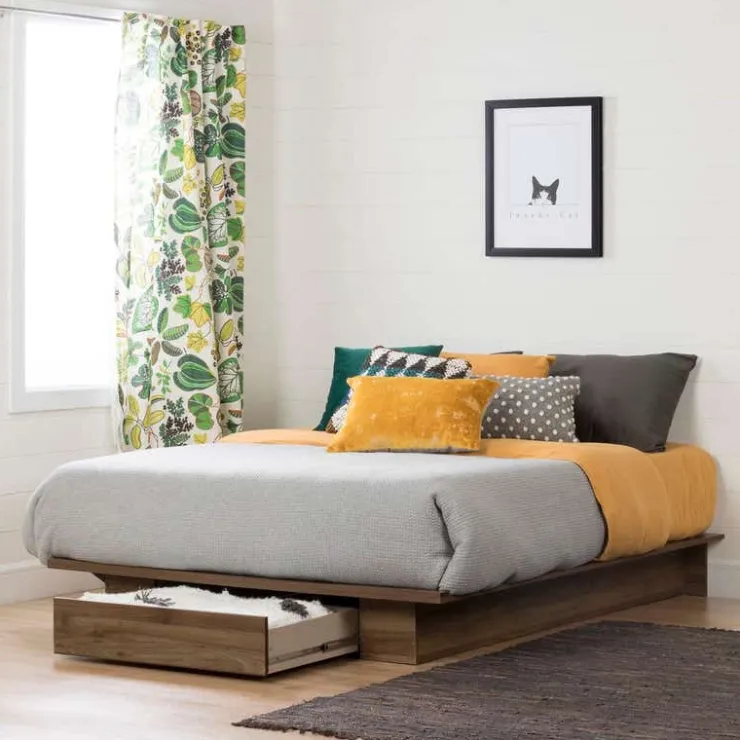 Meubles South Shore Full/Queen Platform Bed with 1-Drawer Storage (54"/60") - South Shore Natural Walnut New