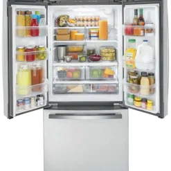 GE Appliances GE 18.6 Cu Ft 33 In Refrigerator Bottom Freezer, French door - GWE19JYLFS Stainless Steel Hot