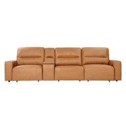 Genuine Leather Modular Sofa with Power Sliding Seats and Media Console - 4 pcs Tan Outlet