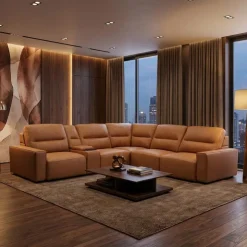 Genuine Leather Modular Sectional with Power Sliding Seats and Media Console - 6 pcs Antelope Best