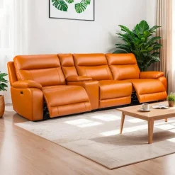 Genuine Leather Power Modular Reclining Sofa with Console - 4 pcs Tan / Cognac New