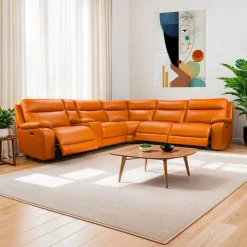 Genuine Leather Power Modular Reclining Sectional with Console - 6 pcs Tan / Cognac New