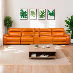 Genuine Leather Power Modular Reclining Sofa with Console - 5 pcs Tan/Cognac New