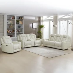 Genuine Leather Power Modular Reclining Sofa with Power Headrests, Drop-Down Backrest, and LED Lighting – 3 pcs Beige Online