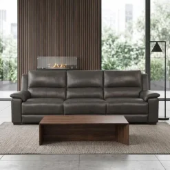 Genuine Leather Power Reclining Sofa with Fold-Down Backrest Dark Grey Discount