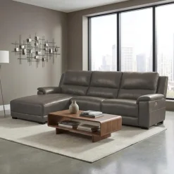 Genuine Leather Power Reclining Sectional with Chaise and Fold-Down Backrest Dark Grey Outlet