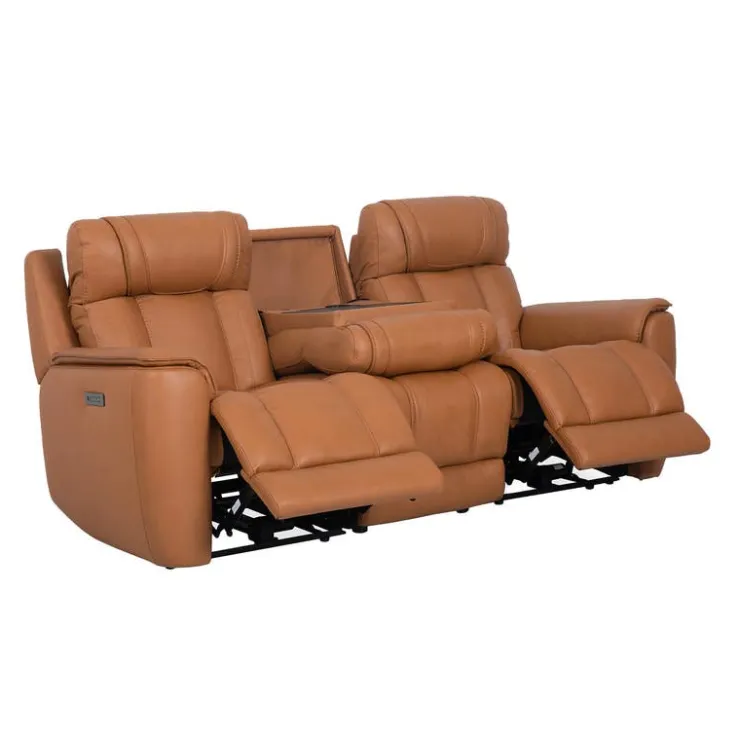 Genuine Leather Power Reclining Modular Sofa with Adjustable Headrests and a Fold-Down Seat - 3 pcs Tan Hot