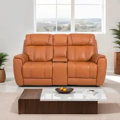 Genuine Leather Power Reclining Modular Loveseat with Adjustable Headrests, Console and Retractable Cup Holders - 3 pcs Tan Best