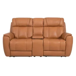 Genuine Leather Power Reclining Modular Loveseat with Adjustable Headrests, Console and Retractable Cup Holders - 3 pcs Tan Best