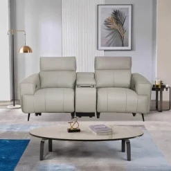 Genuine Leather Power Reclining Loveseat with Console Grey Discount