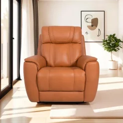 Genuine Leather Power Recliner with Adjustable Headrest Tan Outlet
