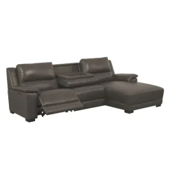 Genuine Leather Power Reclining Sectional with Chaise and Fold-Down Backrest Dark Grey Clearance