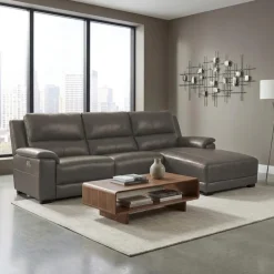 Genuine Leather Power Reclining Sectional with Chaise and Fold-Down Backrest Dark Grey Clearance