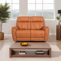 Genuine Leather Power Reclining Modular Loveseat with Adjustable Headrests - 2 pcs Tan Hot