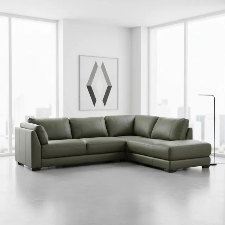 HTL Genuine Leather Sectional with Right-Side Extra Seat Vert Khaki Online