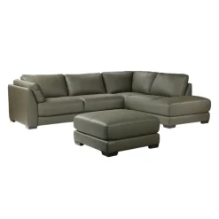 HTL Genuine Leather Sectional with Right-Side Extra Seat and Matching Ottoman Vert Khaki Hot