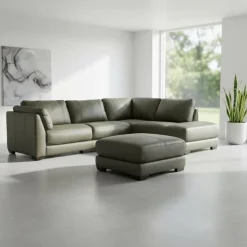HTL Genuine Leather Sectional with Right-Side Extra Seat and Matching Ottoman Vert Khaki Hot