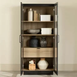 Meubles South Shore Glass-Front Cabinet with Drawer - South Shore Black Oak and Natural Ash Sale