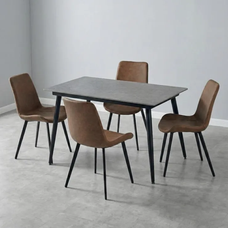 Sintered Stone Dining Set with 4 Cognac Chairs - 48" Grey New