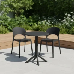 Indoor/Outdoor Resin Dining Set with Round Table and 2 Stackable Chairs – Black New