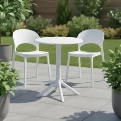 Indoor/Outdoor Resin Dining Set with Round Table and 2 Stackable Chairs – White Clearance