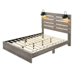 King Bed and Headboard with Lights (78'') Grey