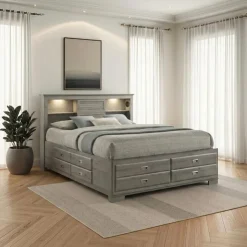 King Bed with Drawers & Multifunctional Headboard with Speakers - 78" Grey Clearance