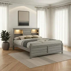 King Bed with Multifunctional Headboard with Speakers - 78" Grey New