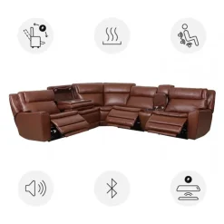 Leather Power Sectional with Massage, Heat and Audio Console - 6 pcs Caramel Brown Outlet