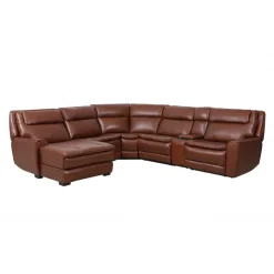 Leather Power Sectional with Massage, Heat, Audio Console & Left-Facing Chaise - 6 pcs Caramel Brown New