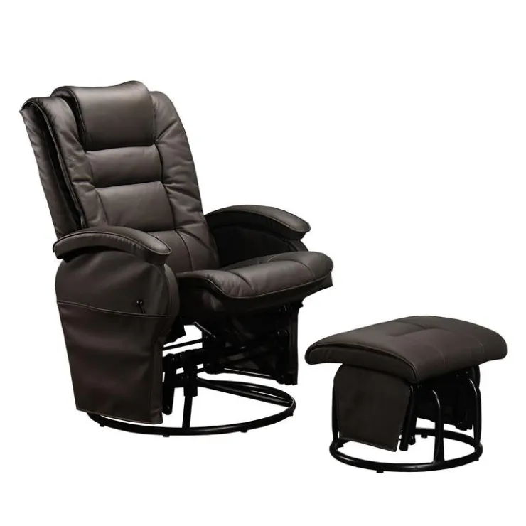 Leather Reclining Ball-Bearing Swivel Glider with Ottoman - Brown Dark Brown New