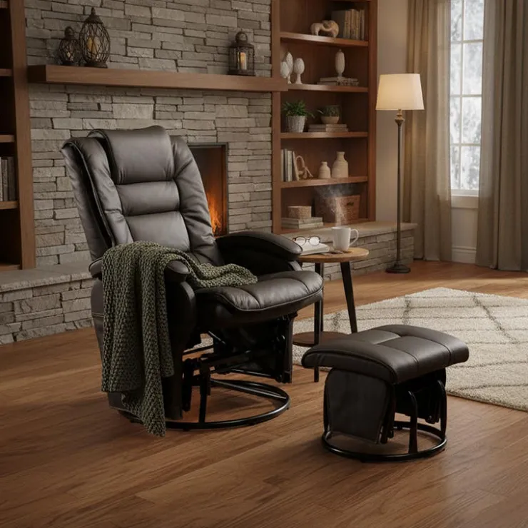 Leather Reclining Ball-Bearing Swivel Glider with Ottoman - Brown Dark Brown New