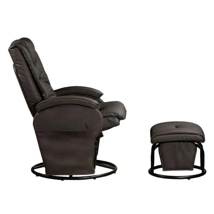 Leather Reclining Ball-Bearing Swivel Glider with Ottoman - Brown Dark Brown New