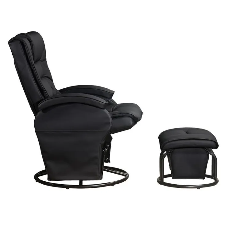 Leather Reclining Ball-Bearing Swivel Glider with Ottoman - Black